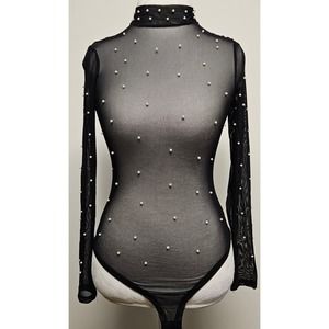 IRIS Black Mesh shirt Leotard with pearls Size Small